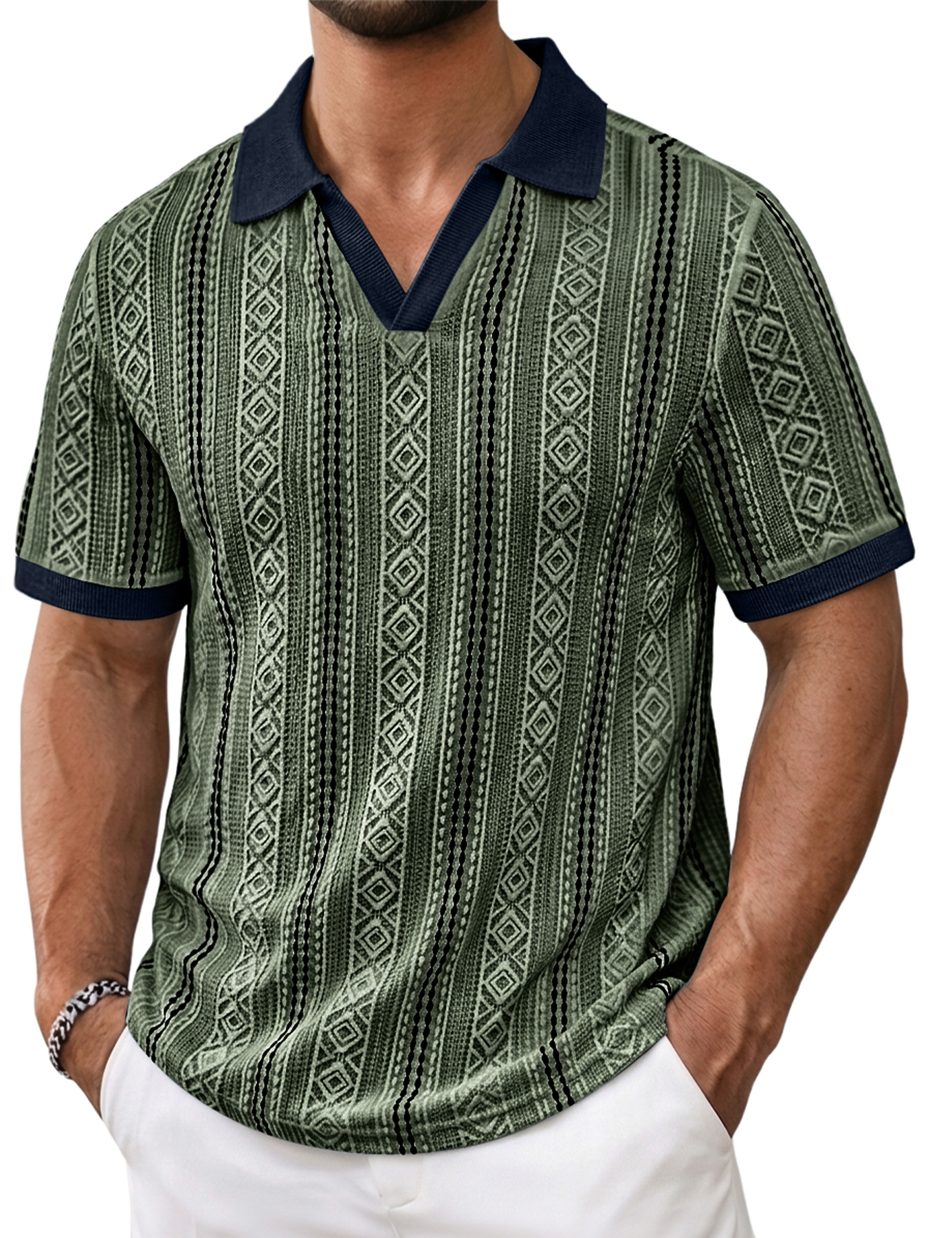 Men's Color-Blocked Seagull Collar Jacquard Textured Casual Short-Sleeve Polo Shirt