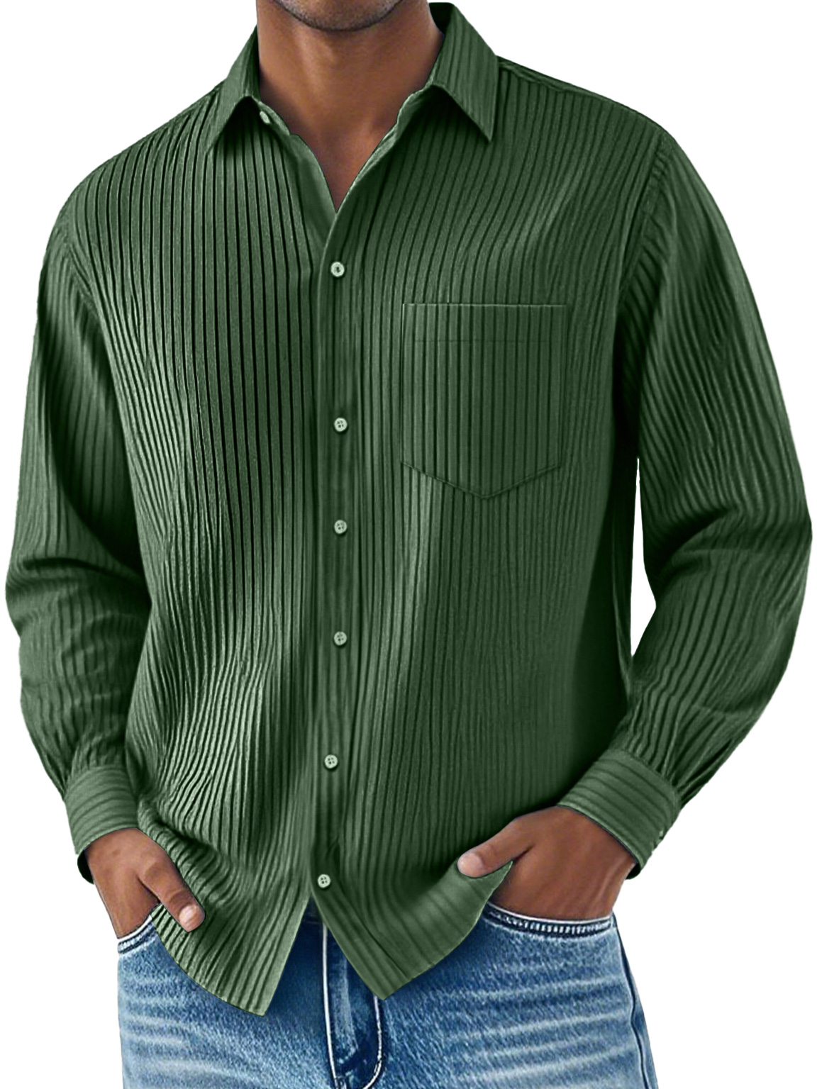 Men's Daily Ribbed Lapel Pocket Casual Long Sleeve Shirt