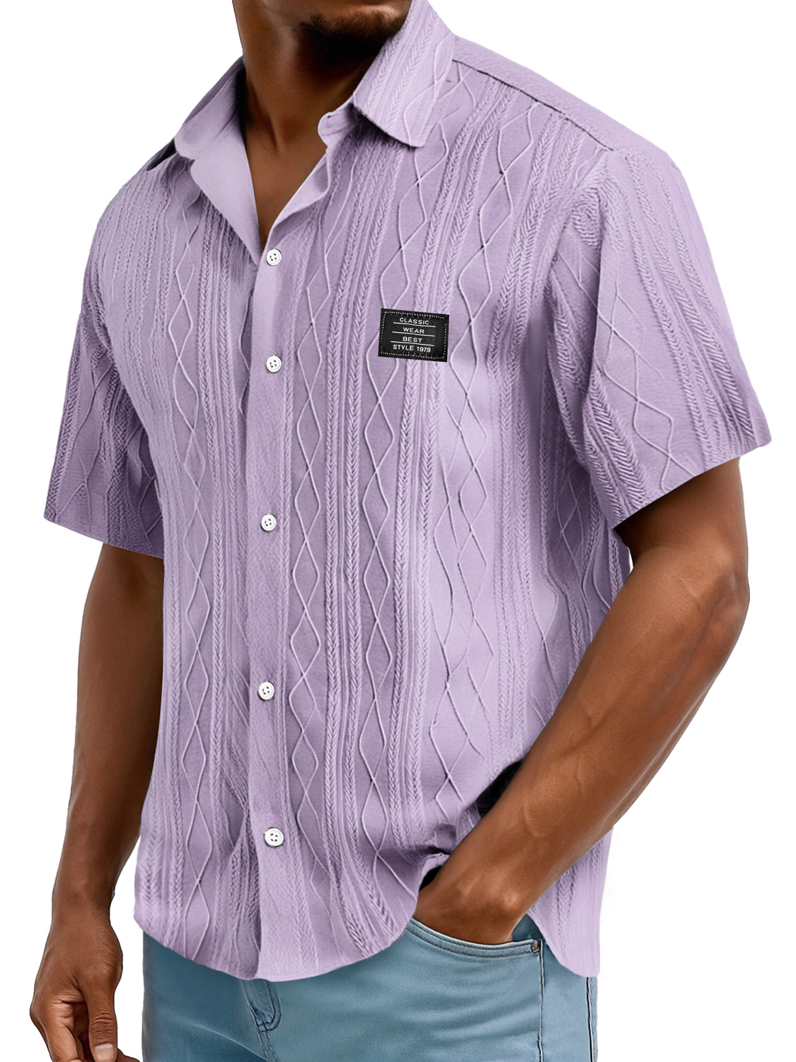 Men's Daily Casual Texture Embroidered Logo Solid Color Comfortable Short-sleeved Shirt