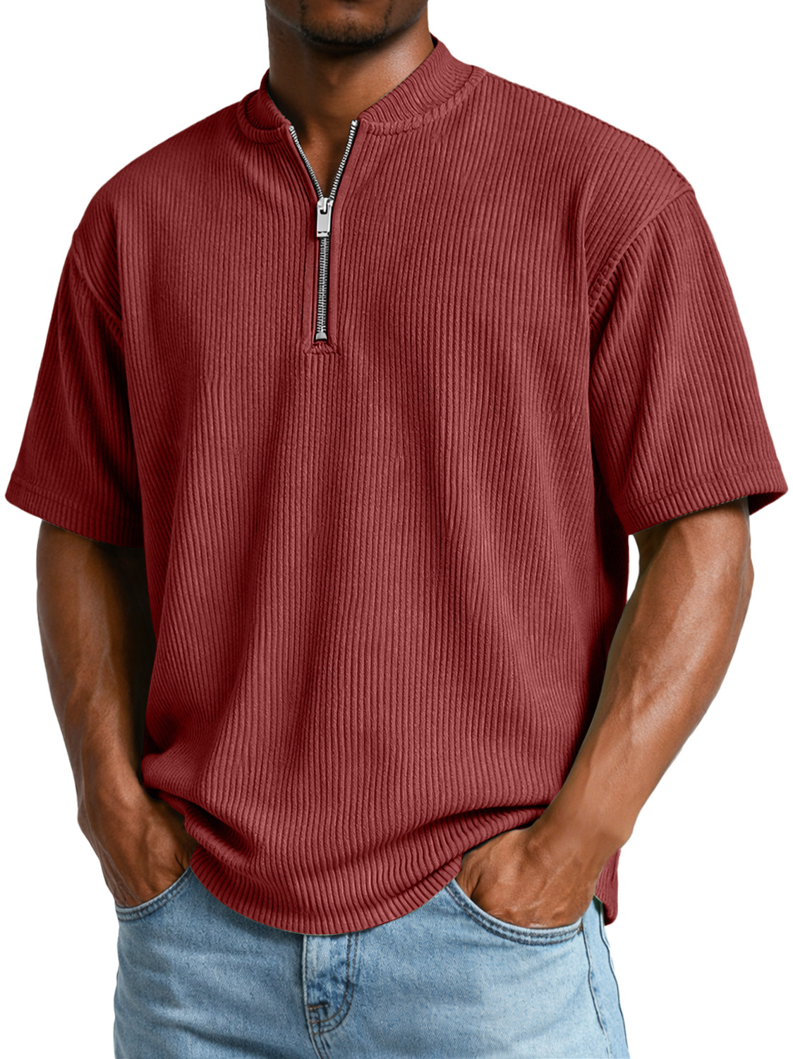 Men's Everyday Ribbed Zip-up Short-sleeved Casual T-shirt