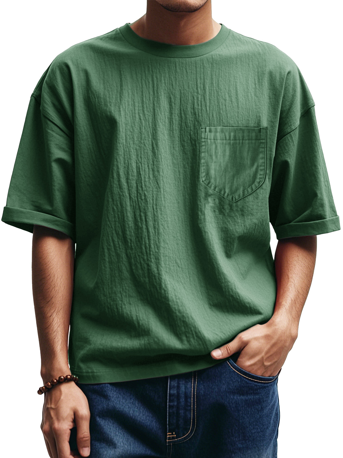 Men's Fashion Casual Pleated Round Neck Short Sleeve Pocket T-Shirt