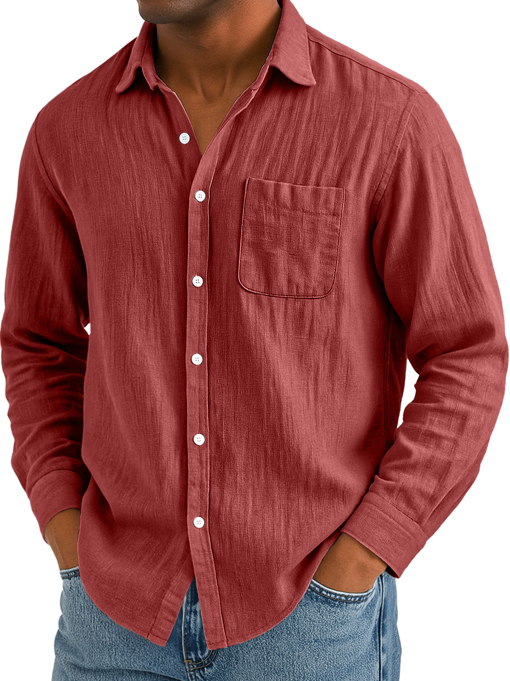 Men's Daily Casual Cotton And Linen Pocket Comfortable Long-sleeved Shirt