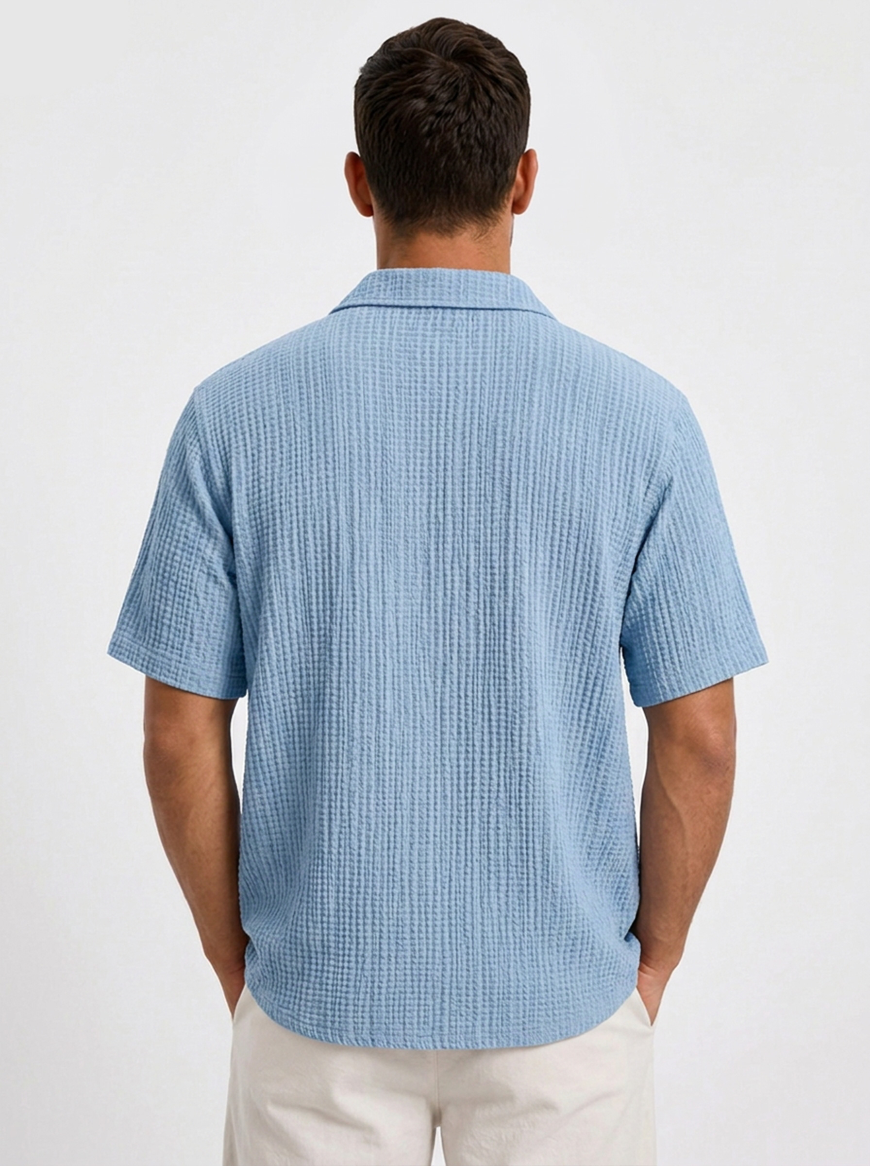 Men's Casual Short-Sleeve Polo Shirt with Pleated Collar and Button Placket