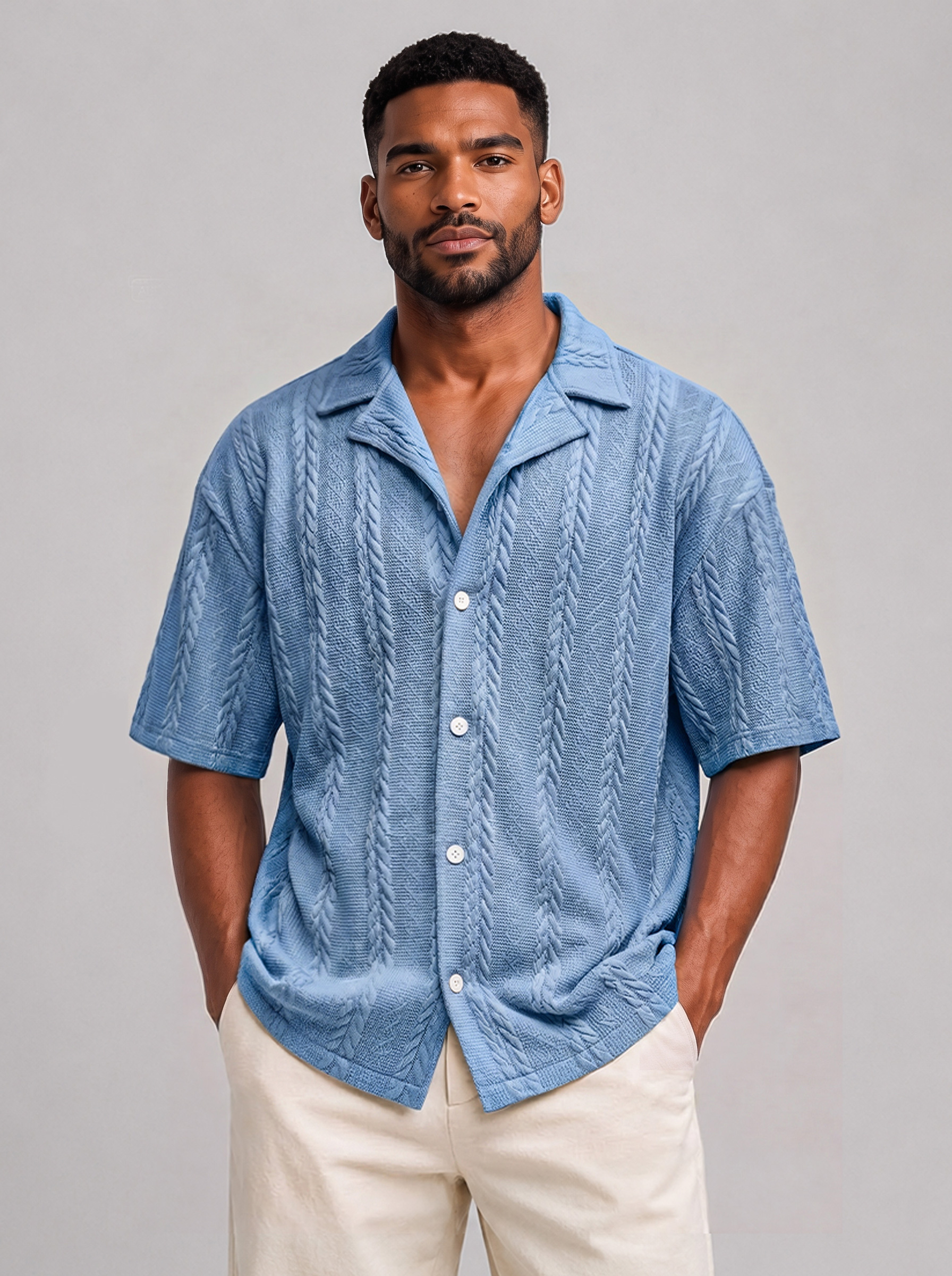 Men's Casual Solid-Color Short-Sleeve Shirt with Jacquard Texture