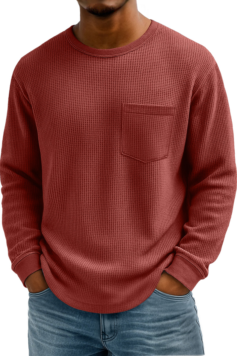 Men's Waffle Casual Crew Neck Pocket Long Sleeve T-Shirt