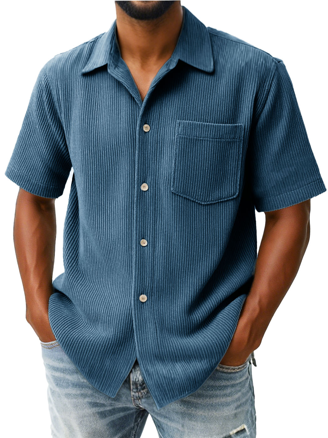 Men's Fashion Casual Ribbed Fabric Pocket Short-Sleeved Lapel Shirt