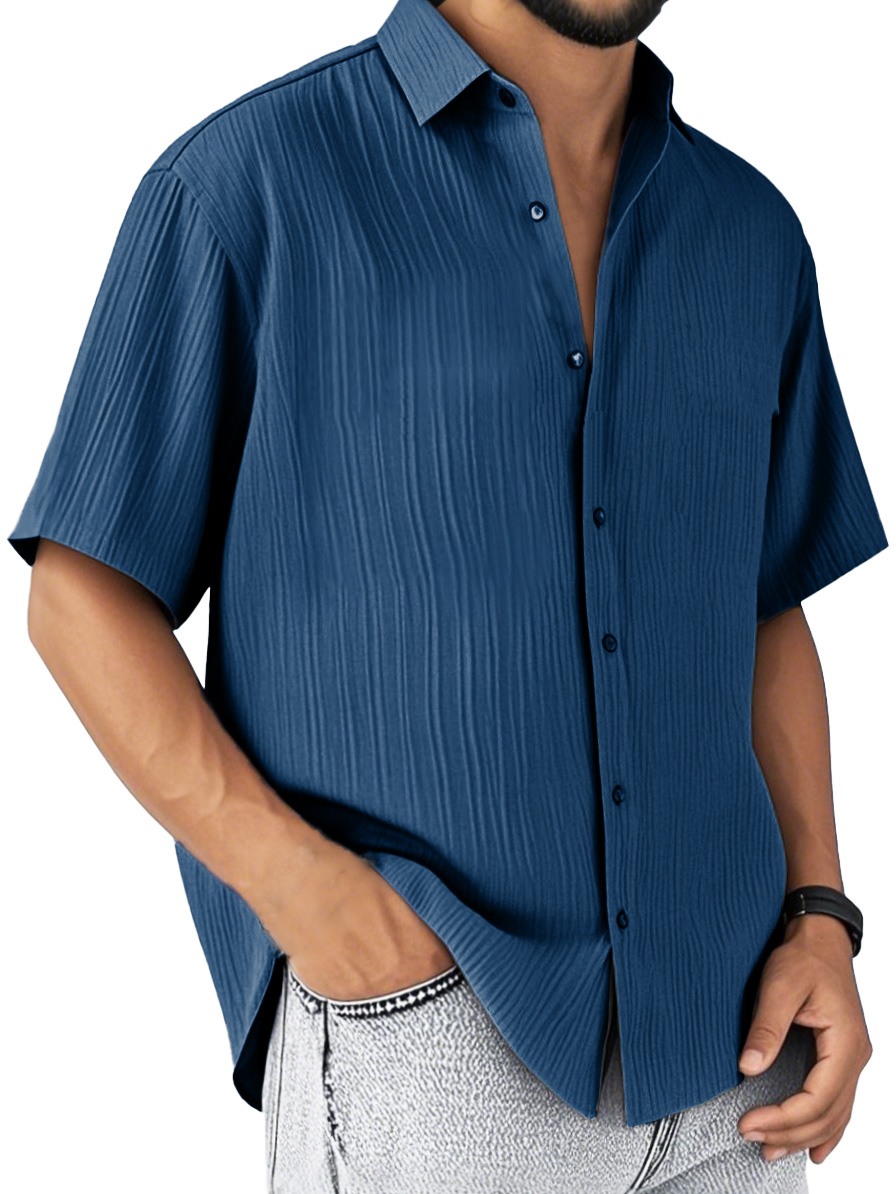 Men's Fashion Casual Striped Fabric Short-sleeved Lapel Shirt