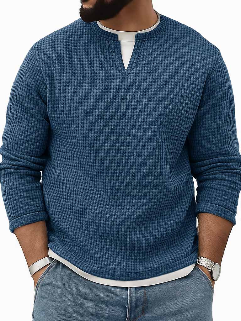 Men's Stylish Vintage Waffle Fabric V-neck Simulated Two-piece Loose-fitting Long-sleeved T-shirt