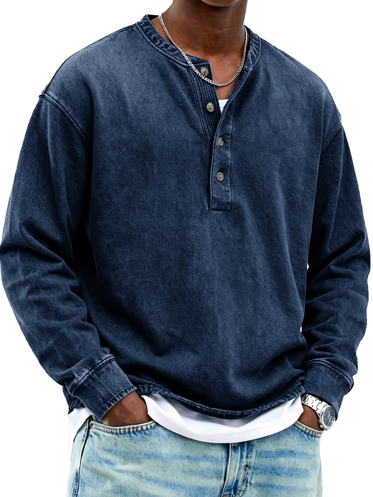 Men's Fashionable Retro Stand Collar Button-Up Long-Sleeved Henley Shirt