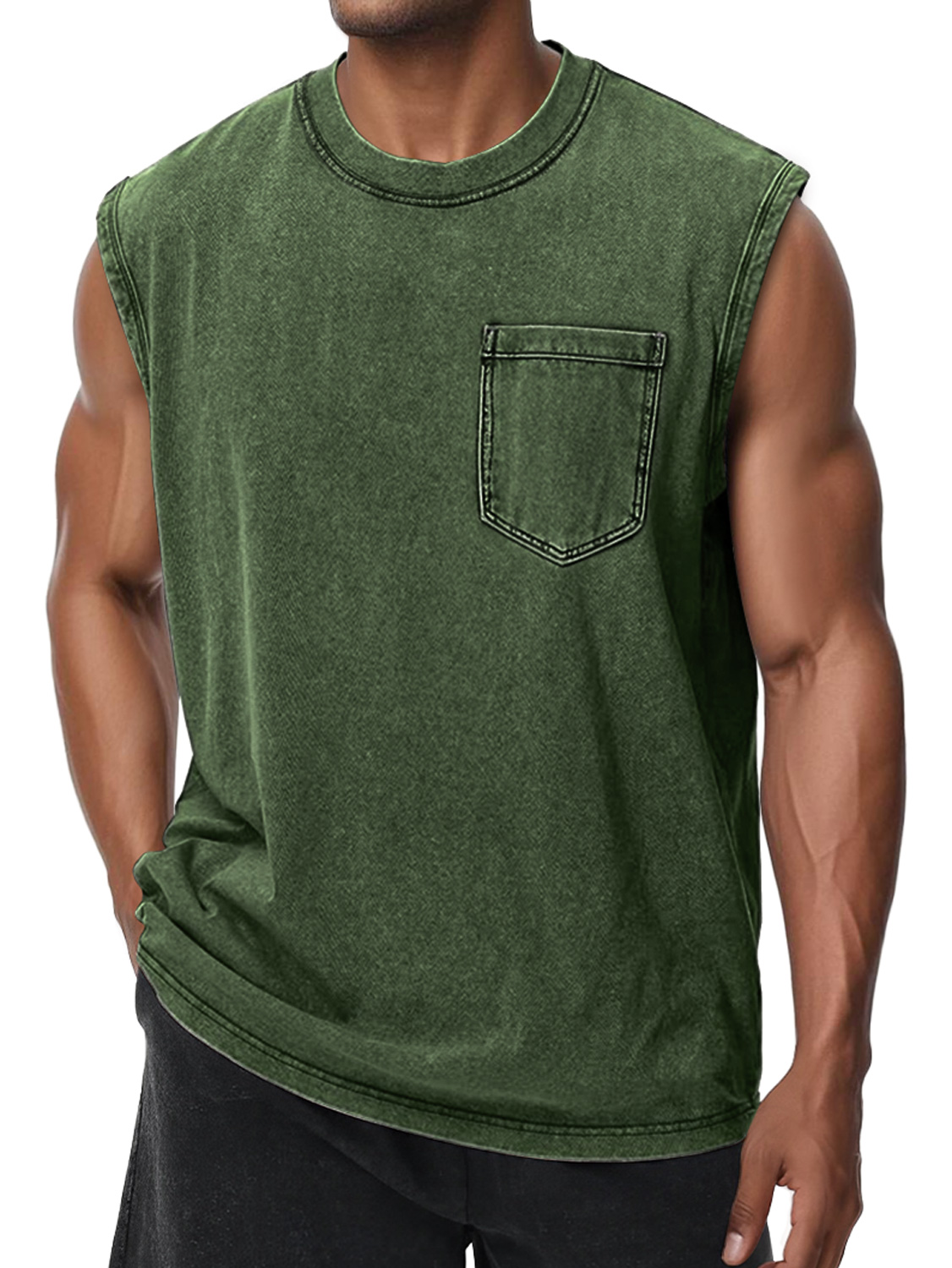 Men's Retro Washed Cotton Round Neck Pocket Casual Sleeveless Vest