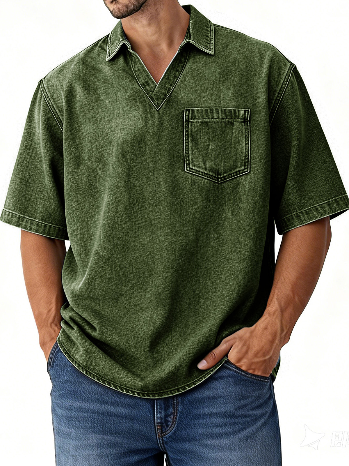 Men's Retro Distressed V-Neck Pocket Short-Sleeve Polo Shirt