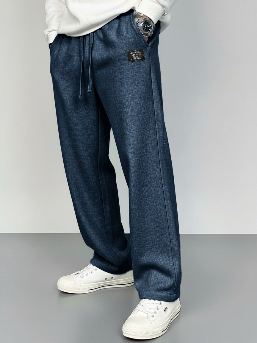 Men's Fashionable Linen Fabric Embroidered Logo Pocket Loose-Fitting Trousers