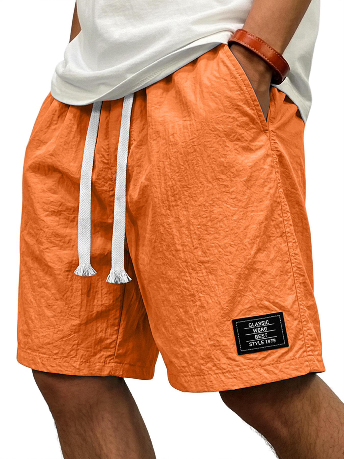 Men's Casual Ice Silk Embroidered Logo Elastic Waist Loose Shorts