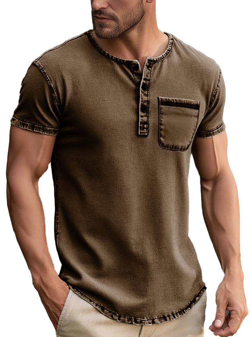 Men's Fashion Daily Distressed Fabric Pocket Short-sleeved Henley Shirt