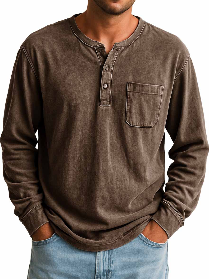 Men's Stylish Retro Outdoor Distressed Pocket Stand Collar Long-sleeved Henley Shirt