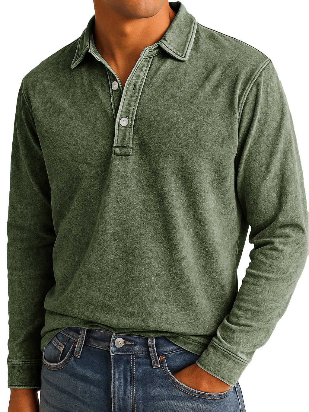 Men's Stylish Vintage Washed And Distressed Lapel Long-sleeved Polo Shirt
