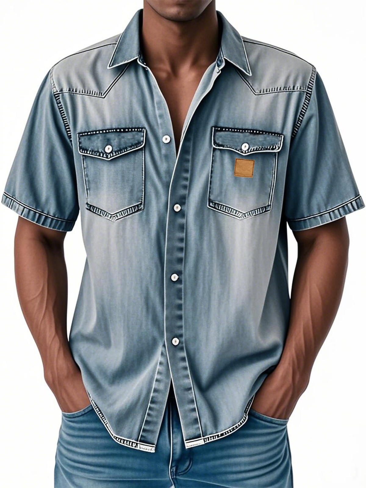 Men's Retro Western Embroidered Multi-Pocket Button Casual Short Sleeve Shirt