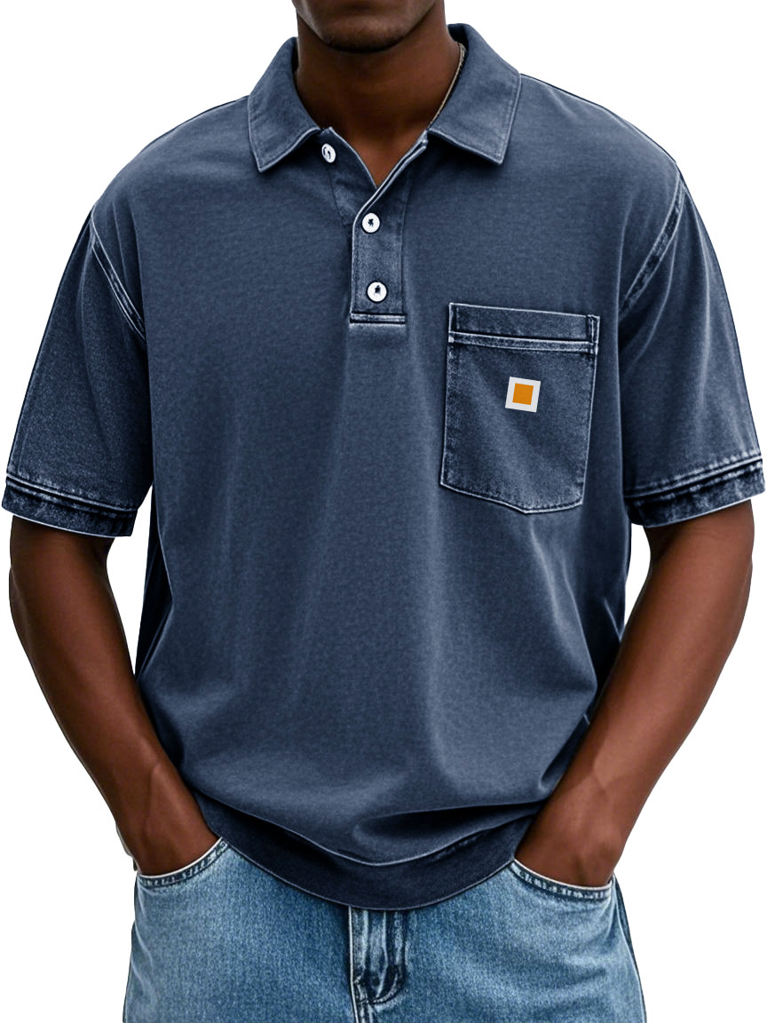 Men's Fashion Retro Distressed Lapel Pocket Short-sleeved Polo Shirt