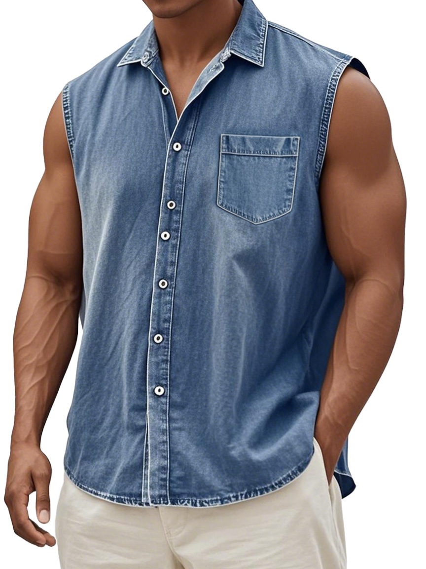 Men's Retro Solid Color Casual Comfortable Sleeveless Lapel Pocket Shirt