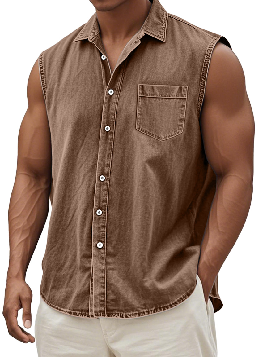 Men's Retro Solid Color Casual Comfortable Sleeveless Lapel Pocket Shirt