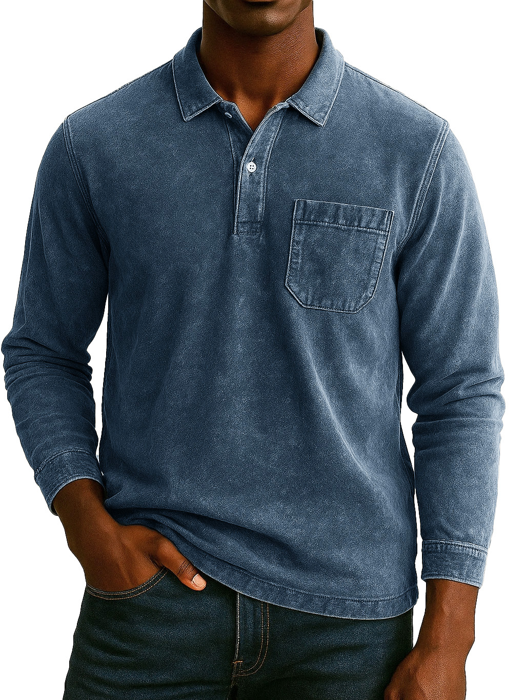 Men's Retro-chic Distressed Pocket Lapel Long-sleeved Polo Shirt