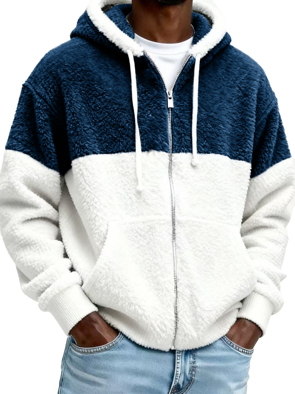 Men's Stylish Casual Patchwork Plush Warm Long-sleeved Hooded Jacket