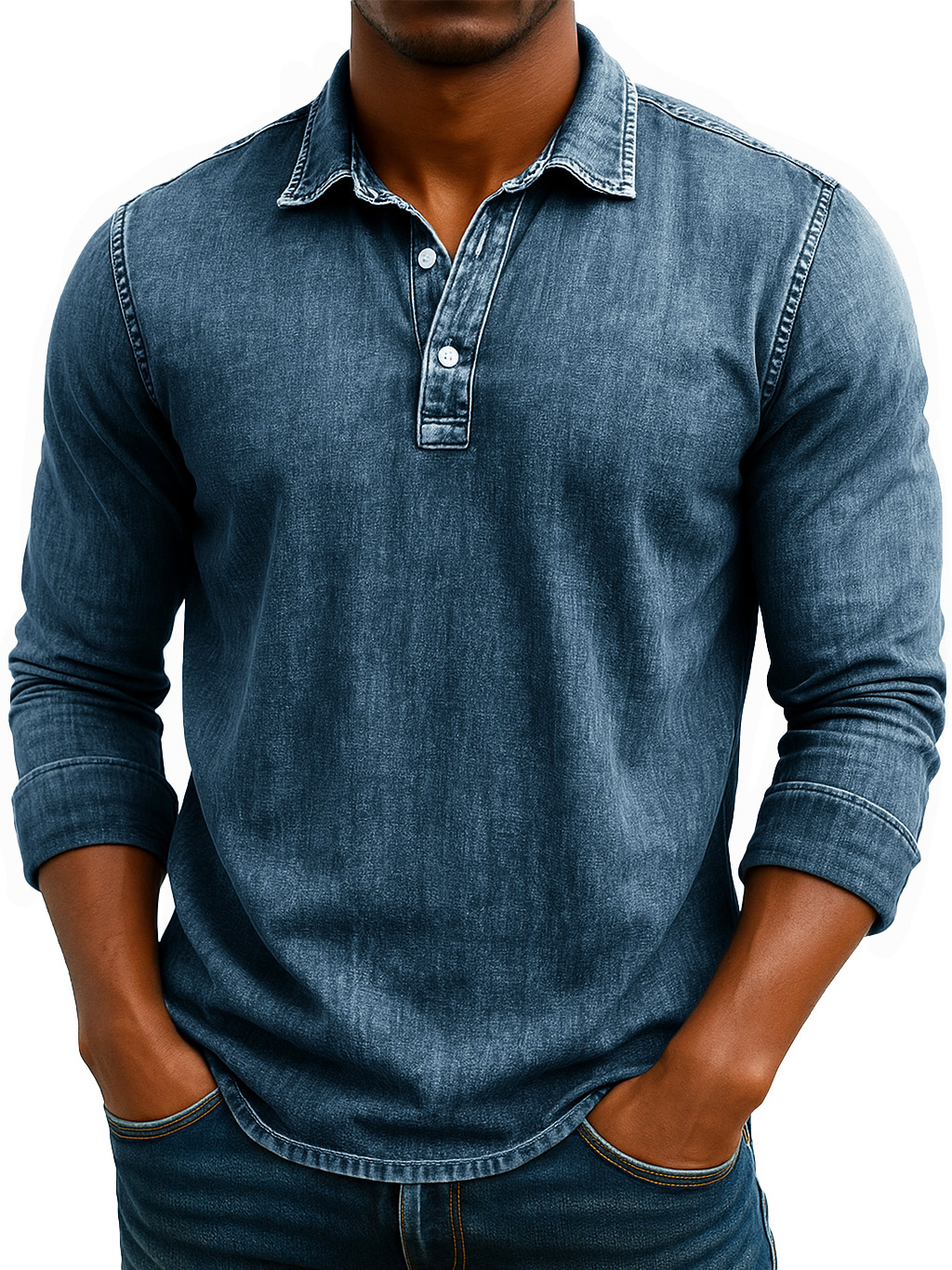 Men's Stylish Retro Washed And Distressed Lapel Long-sleeved Polo Shirt