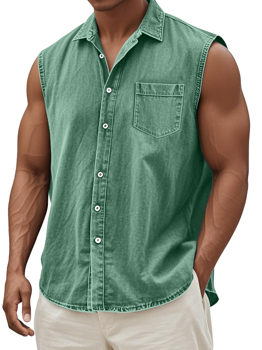 Men's Retro Solid Color Casual Comfortable Sleeveless Lapel Pocket Shirt