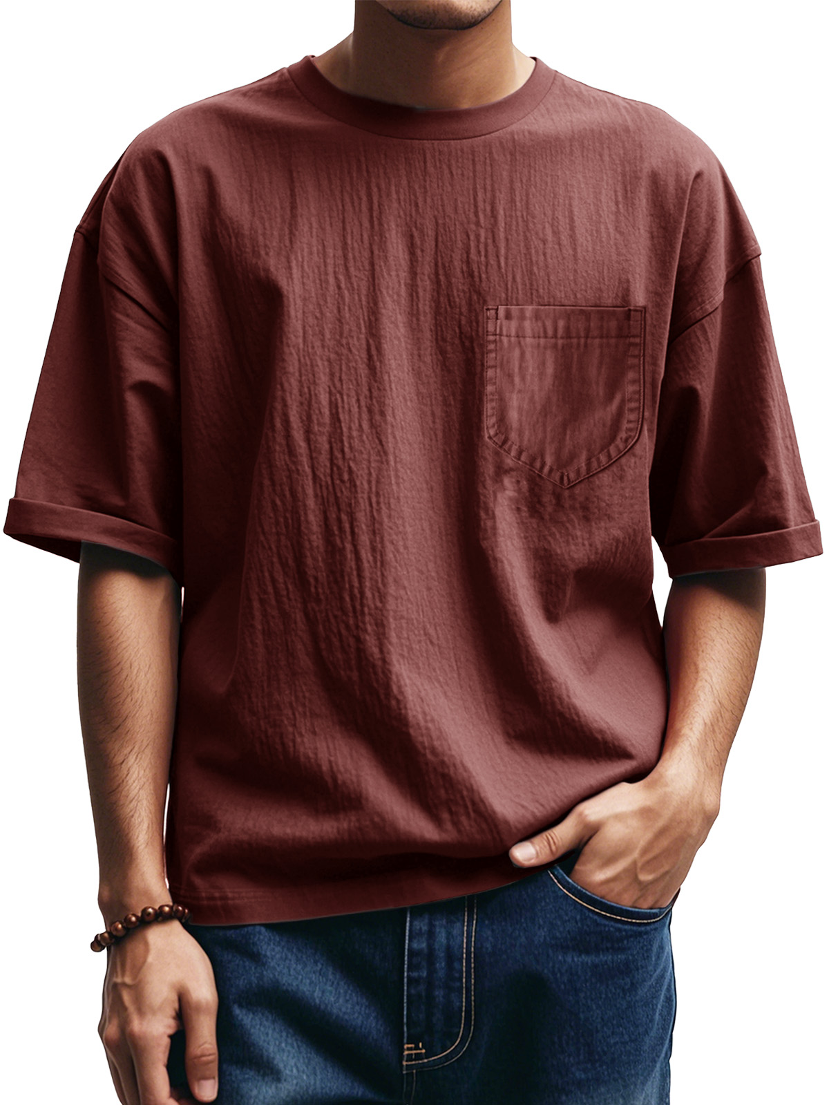 Men's Fashion Casual Pleated Round Neck Short Sleeve Pocket T-Shirt