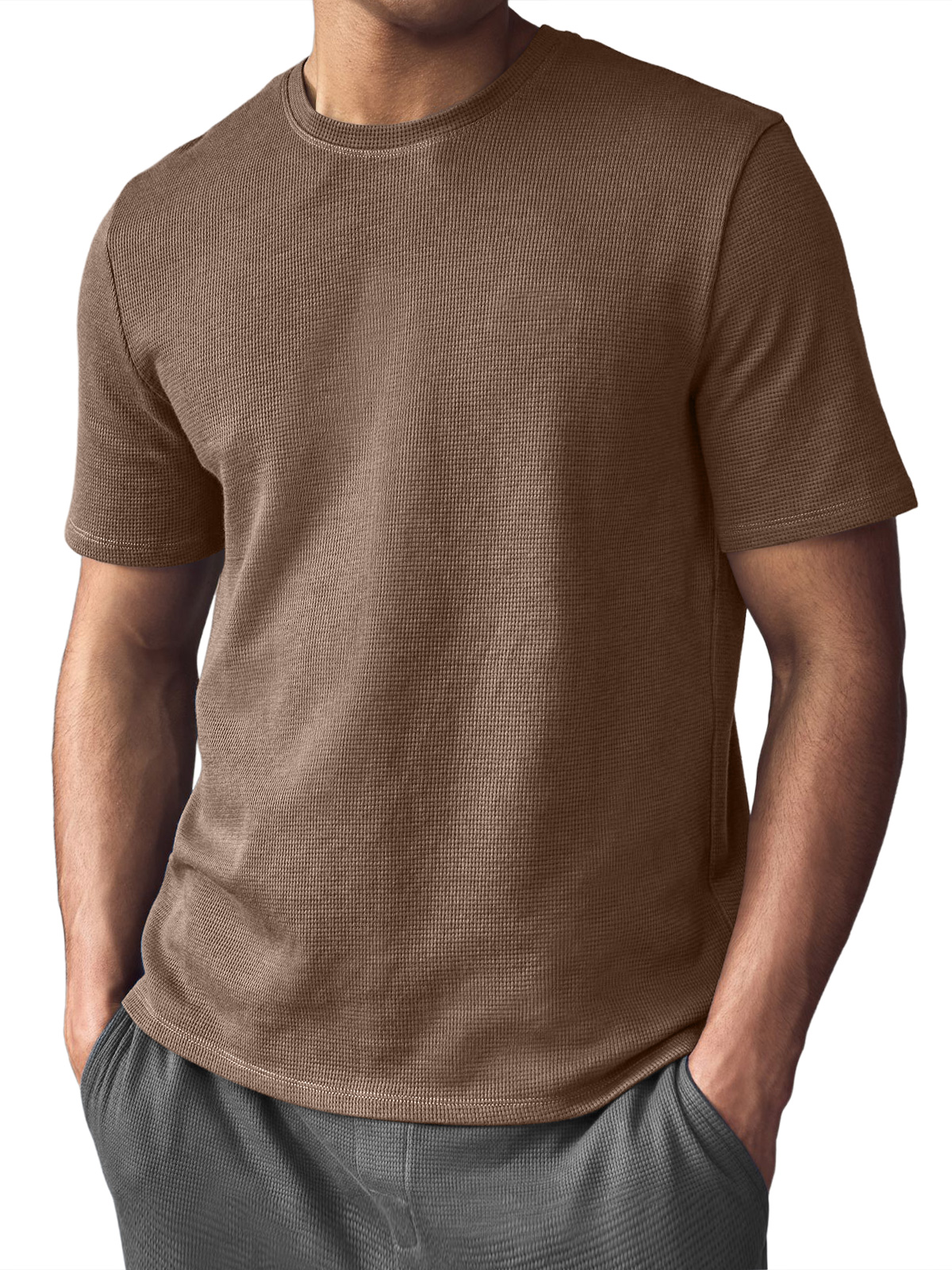 Men's Waffle Crew Neck Casual Comfortable Short Sleeve T-Shirt