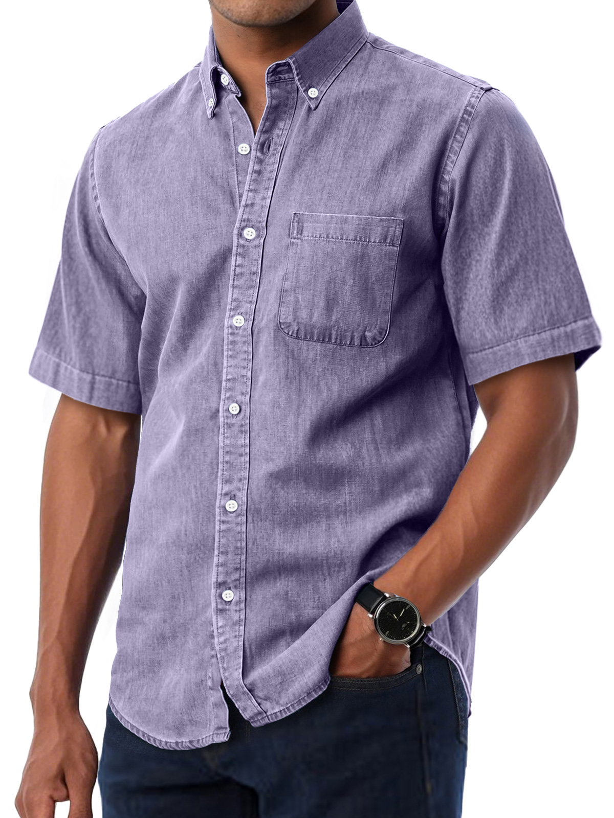 Men's Daily Casual Lapel Pocket Solid Color Comfortable Short Sleeve Shirt