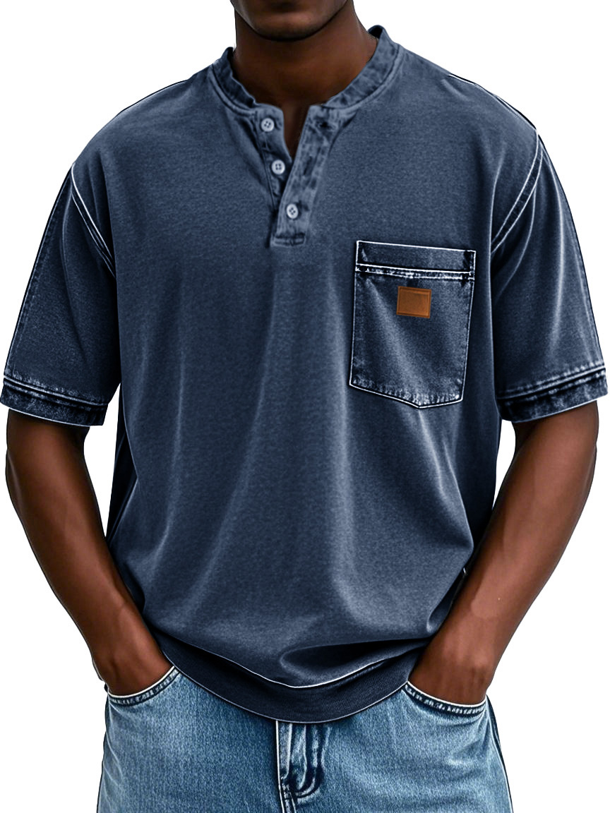 Men's Retro Distressed Embroidered Pocket Short-sleeved Henley Shirt