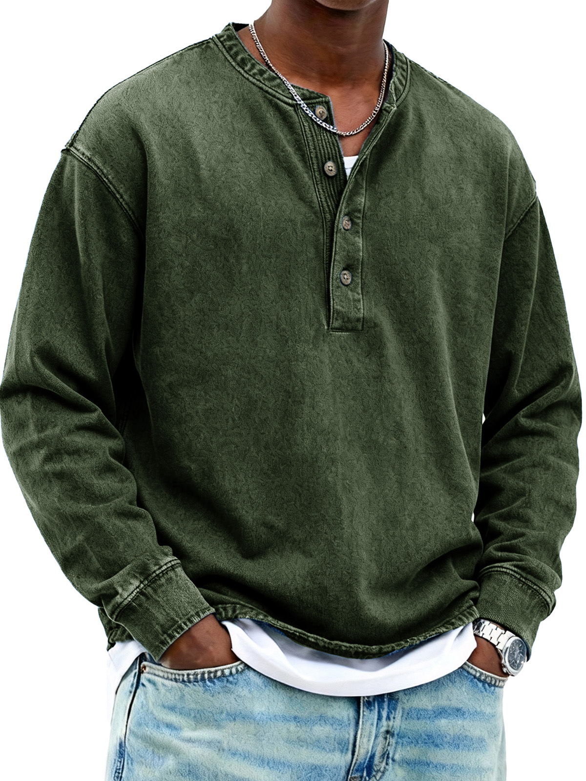 Men's Fashionable Retro Stand Collar Button-Up Long-Sleeved Henley Shirt