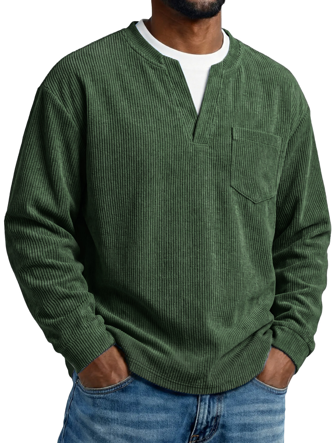 Men's Everyday Corduroy Faux Two-piece Casual Pocket Long-sleeved T-shirt