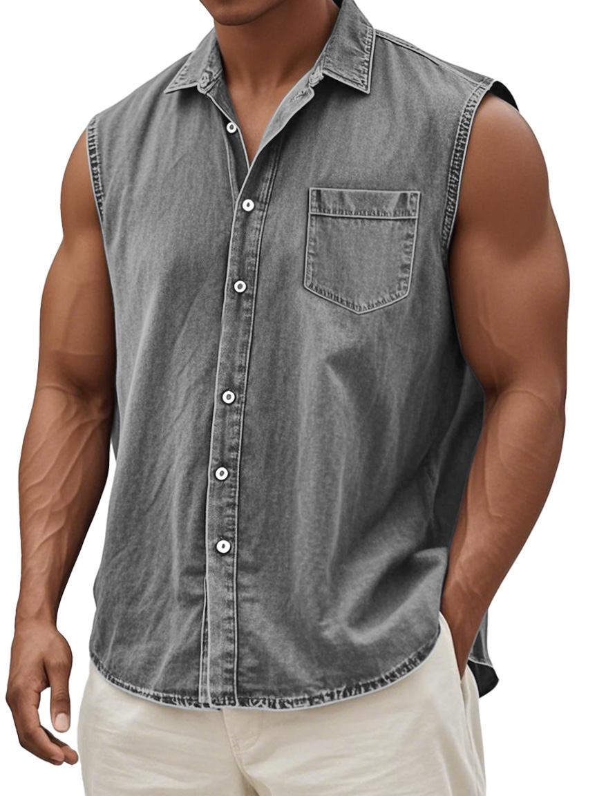 Men's Retro Solid Color Casual Comfortable Sleeveless Lapel Pocket Shirt