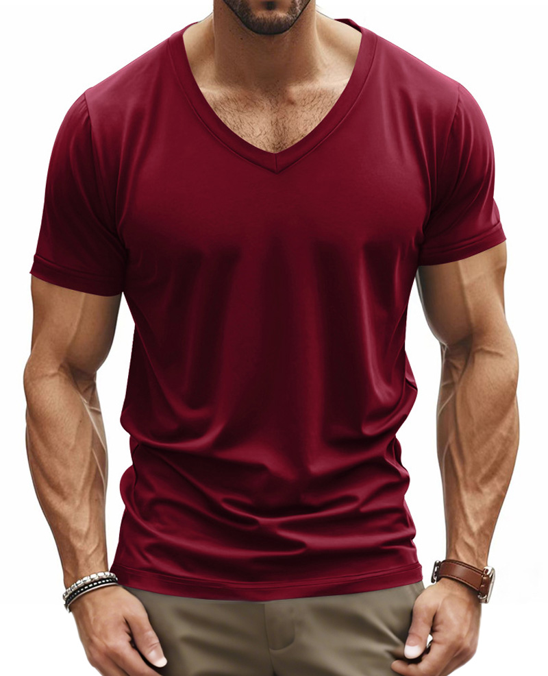 Men's Summer Solid Color Comfortable V-neck Short-sleeved T-shirt