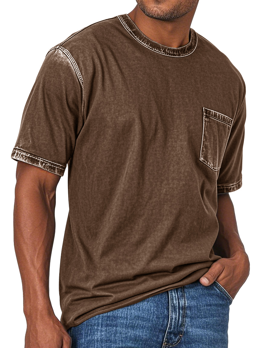 Men's Fashion Retro Washed Round Neck Pocket Short Sleeve T-shirt