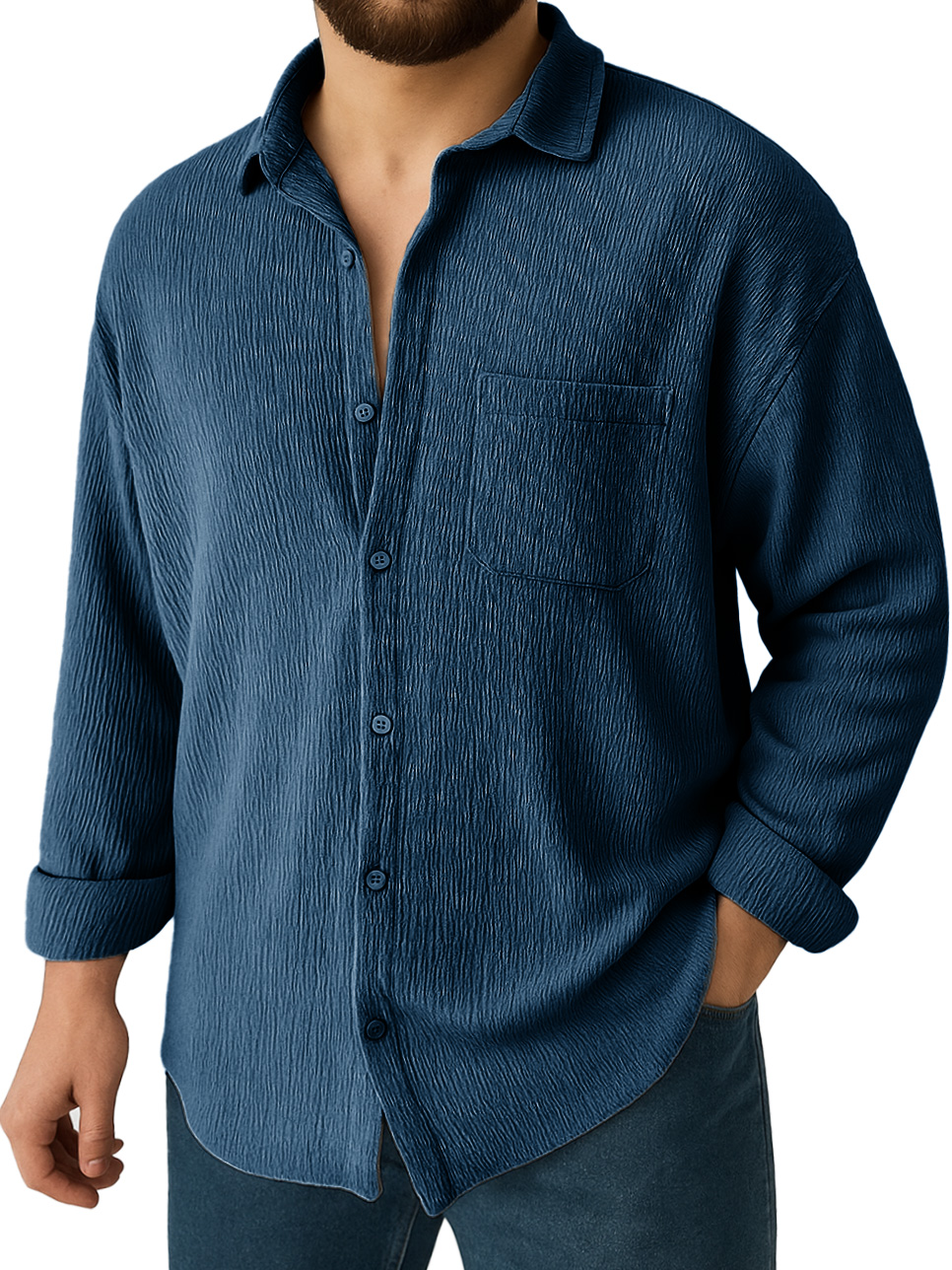Men's Clothing Fashionable Daily Jacquard Texture Fabric Loose Pockets Long-sleeved Lapel Shirt