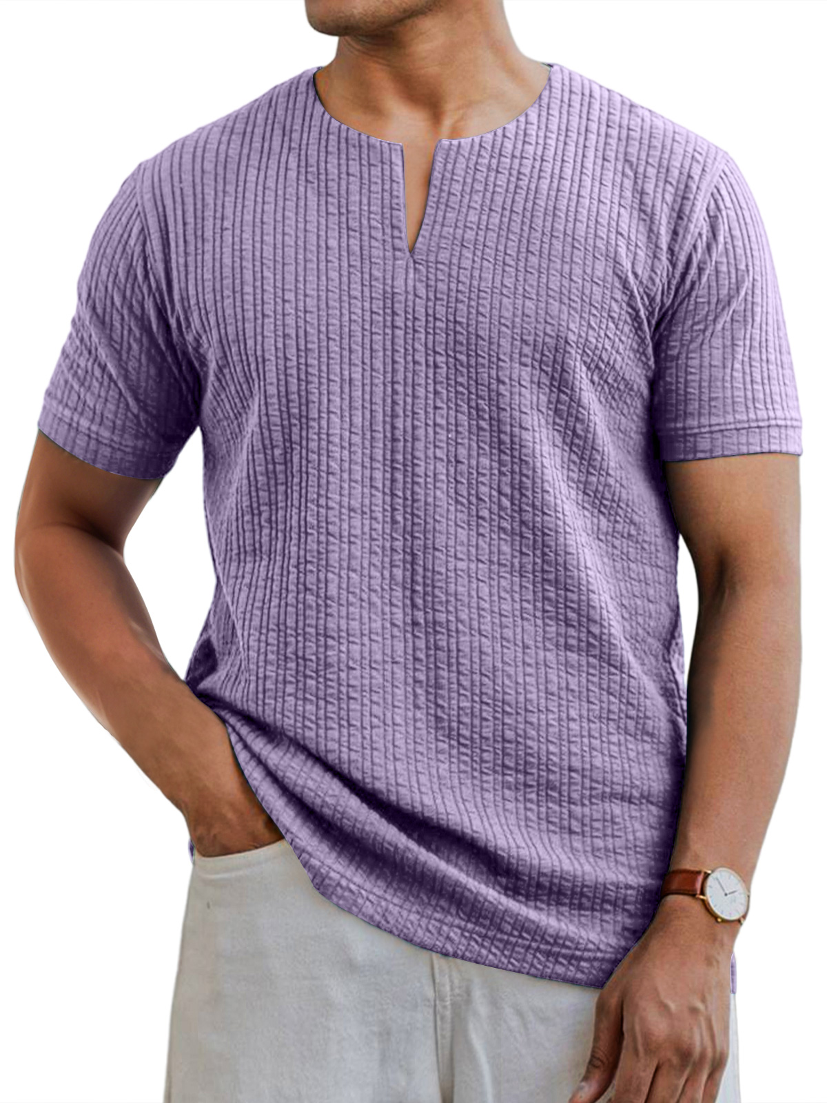 Men's Daily V-neck Pit Strip Casual Solid Color Short-sleeved T-shirt