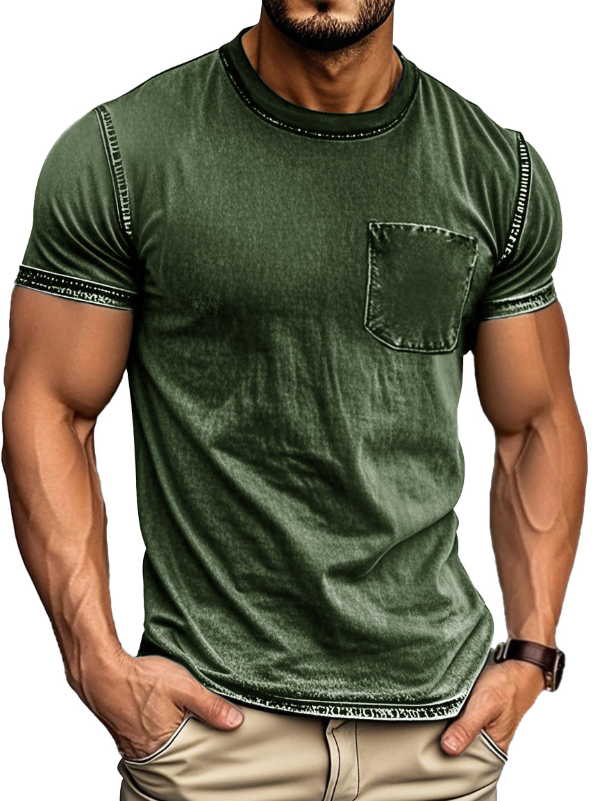 Men's Fashion Retro Distressed Outdoor Round Neck Short Sleeve Pocket T-shirt