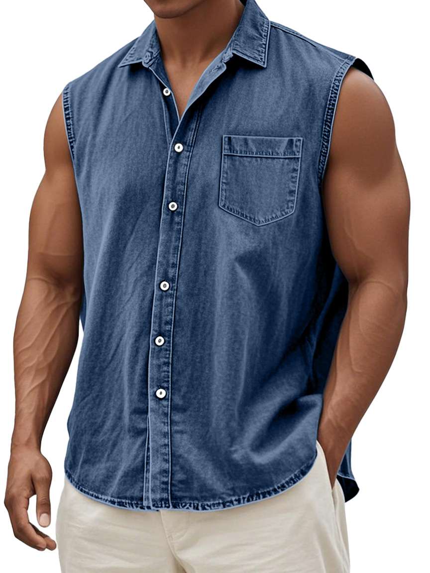 Men's Retro Solid Color Casual Comfortable Sleeveless Lapel Pocket Shirt