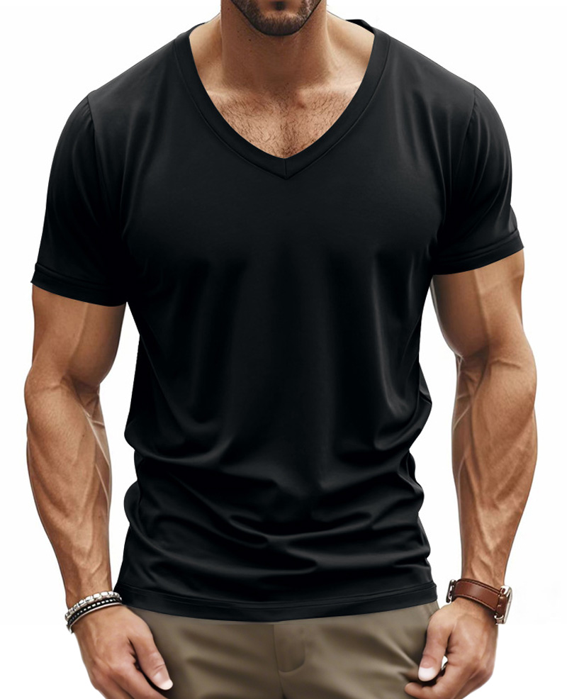 Men's Summer Solid Color Comfortable V-neck Short-sleeved T-shirt