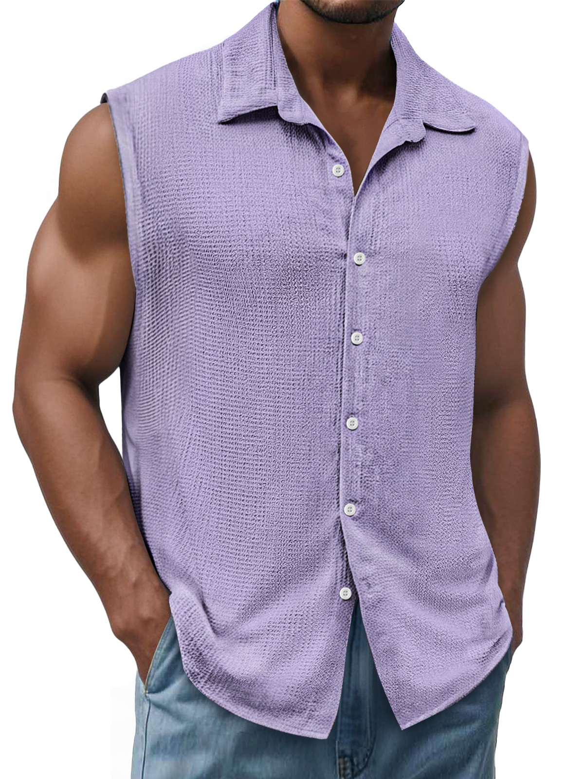 Men's Daily Texture Casual Lapel Solid Color Sleeveless Shirt