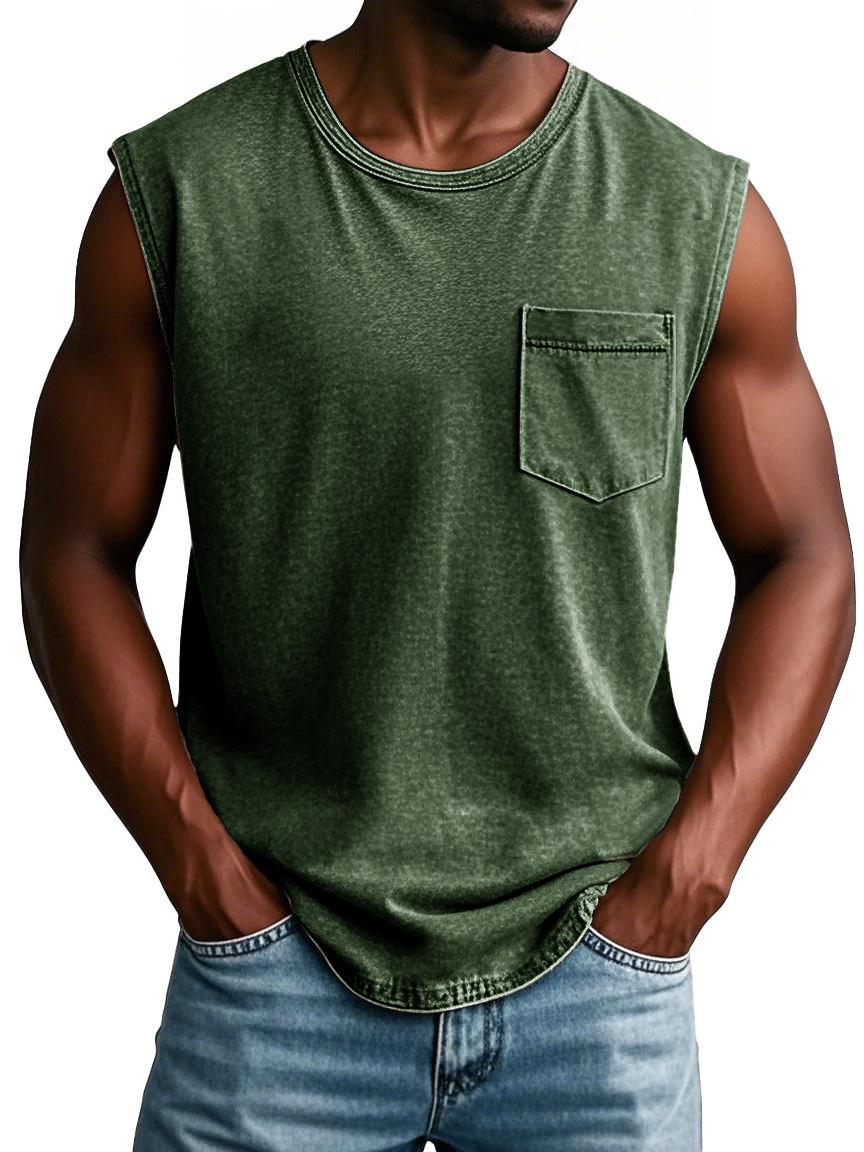 Men's Fashion Retro Round Neck Sleeveless Pocket T-shirt