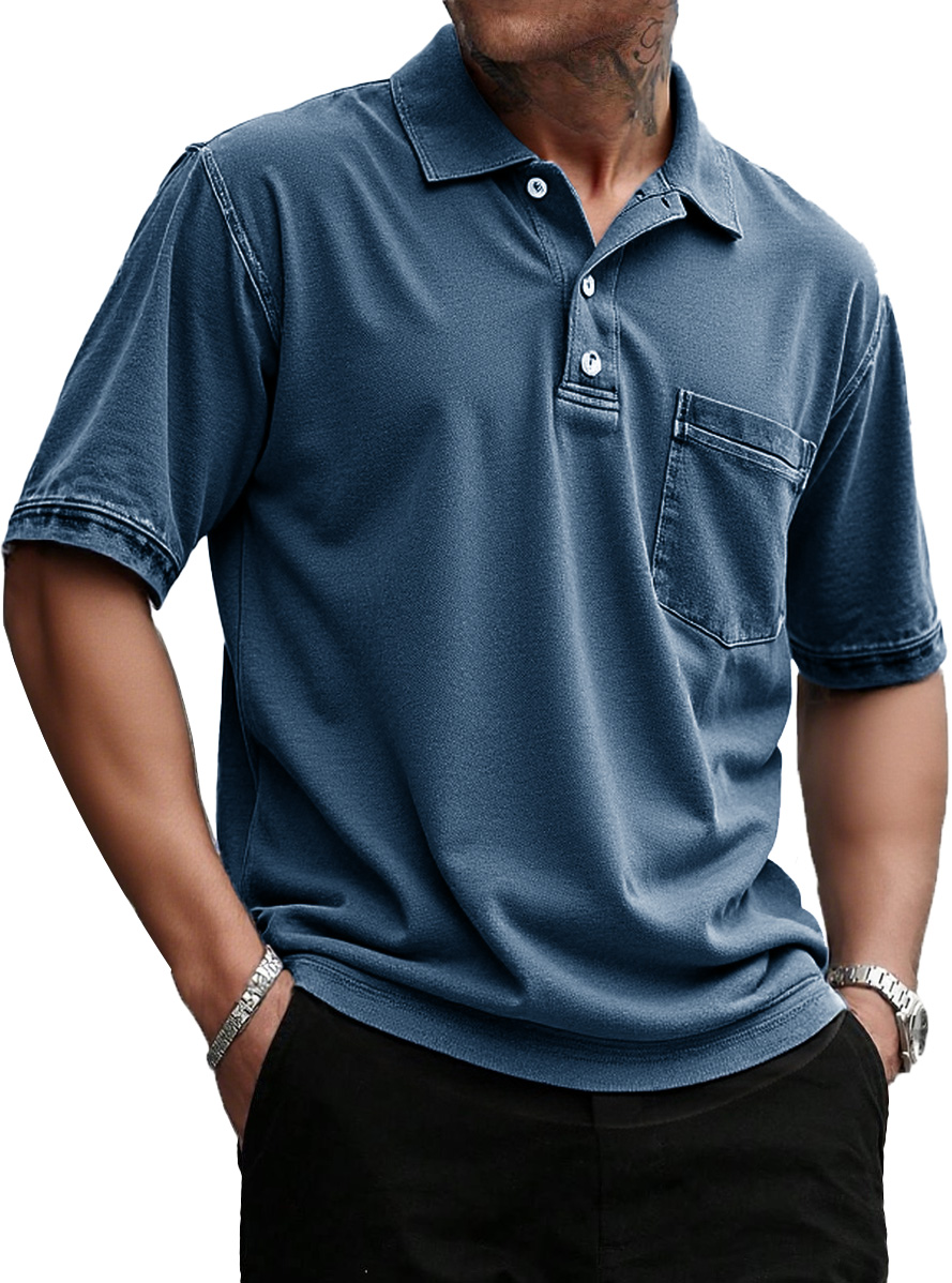Men's Stylish Retro Pure Cotton Distressed Fabric Pocket Lapel Polo Shirt