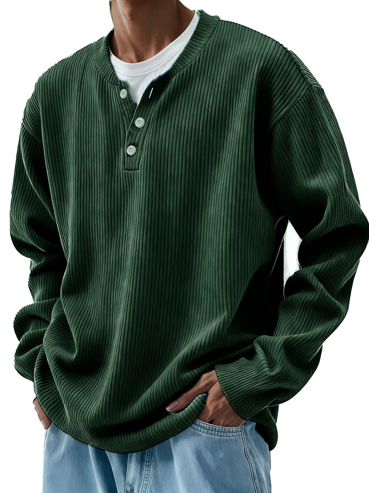Men's Clothing Fashionable Casual Pit Strip Fabric Three-button Long-sleeved Henry Shirt