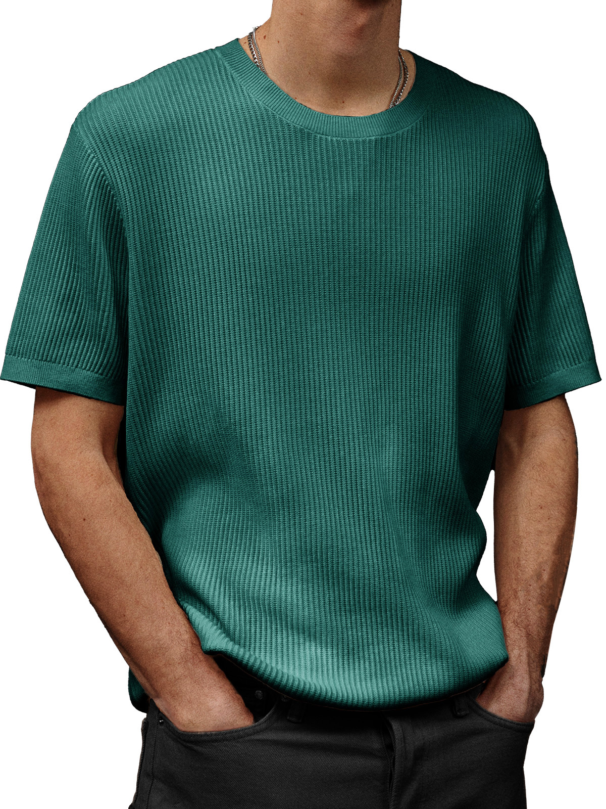 Men's Fashion Casual Waffle Fabric Round Neck Short-sleeved T-shirt