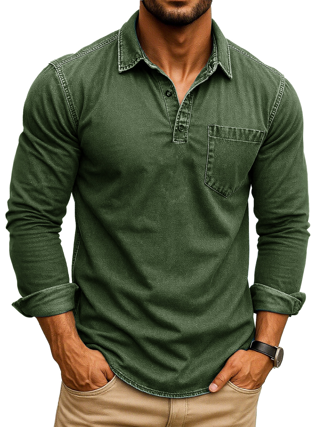Men's Retro Fashion Distressed Lapel Pocket Long Sleeve Polo Shirt