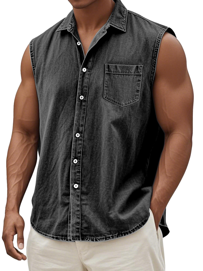 Men's Retro Solid Color Casual Comfortable Sleeveless Lapel Pocket Shirt