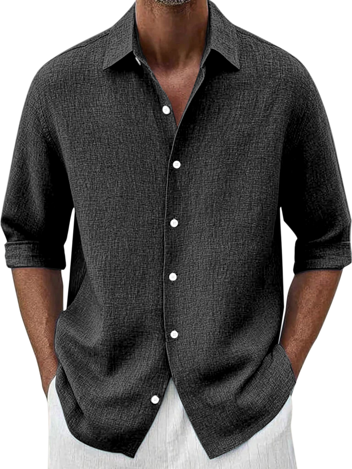 Men's Simple Loose Solid Color Versatile Button Lapel Long-sleeved Shirt